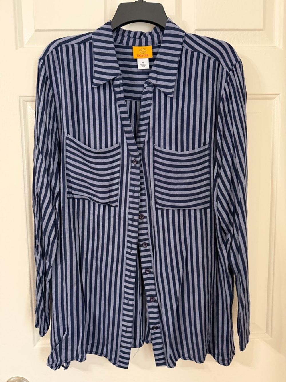 Ruby Rd. Blue Striped Long Sleeve Button Up Top w/ Chest Pockets